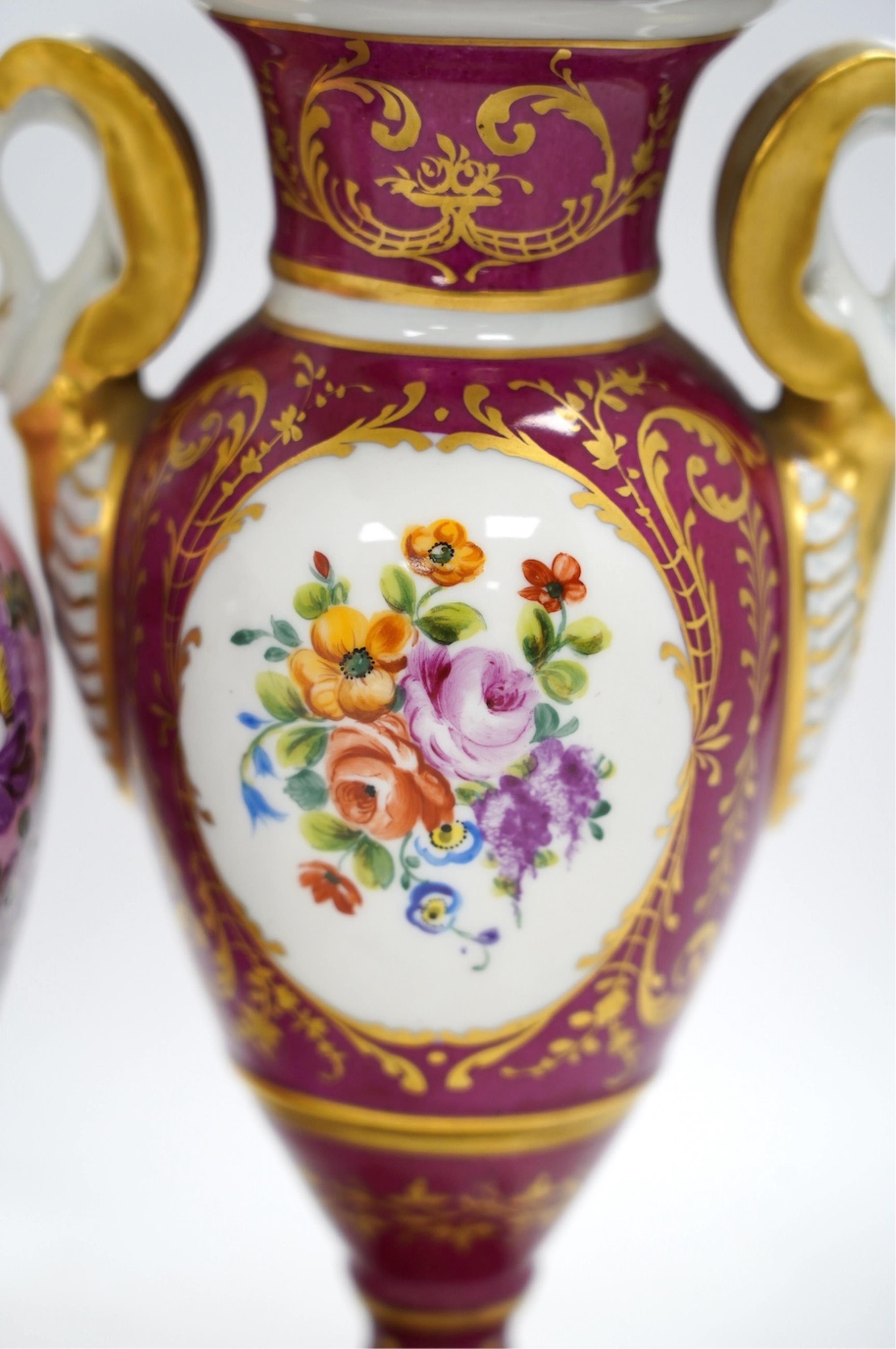 A Dresden Helena Wolfsohn vase and cover, and a French porcelain twin-handled vase, 27cm high. Condition - fair to good